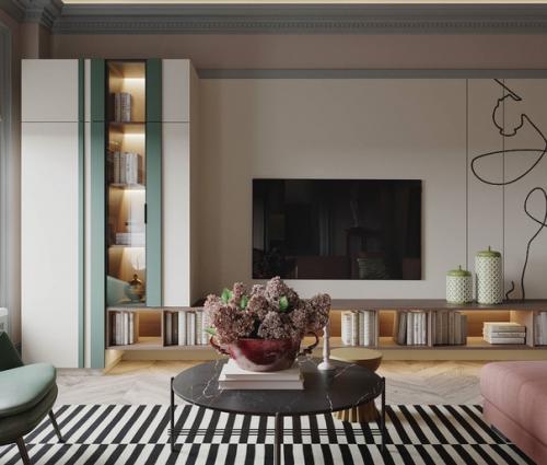 Чтобы интерьер в нежных тонах выглядел гармонично, можно использовать разные текстуры и материалы - от мягких тканей до грубых камней. 03