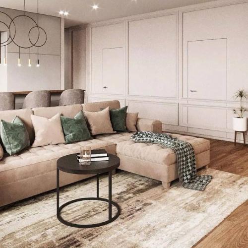 Современная классика с акцентными цветами и материалами в интерьере кухни - гостиной площадью 26 м. 04