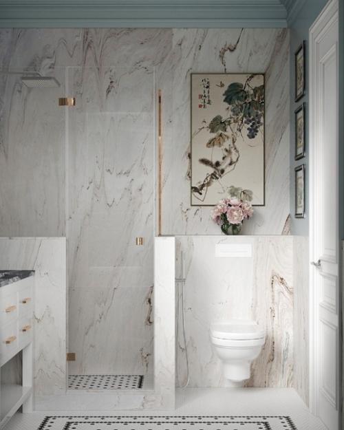 Нежный и утонченный интерьер ванной комнаты в загородном доме невероятно. 01