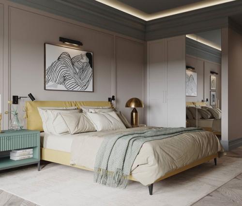 Чтобы интерьер в нежных тонах выглядел гармонично, можно использовать разные текстуры и материалы - от мягких тканей до грубых камней. 04