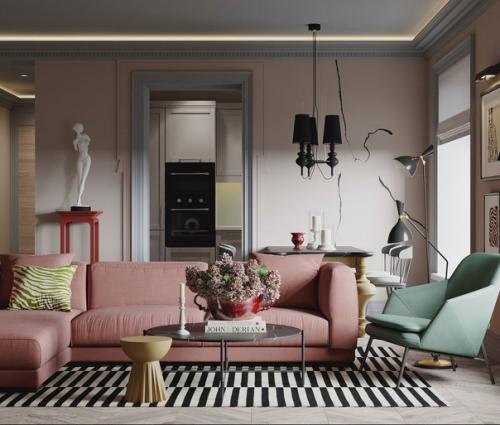 Чтобы интерьер в нежных тонах выглядел гармонично, можно использовать разные текстуры и материалы - от мягких тканей до грубых камней. 02