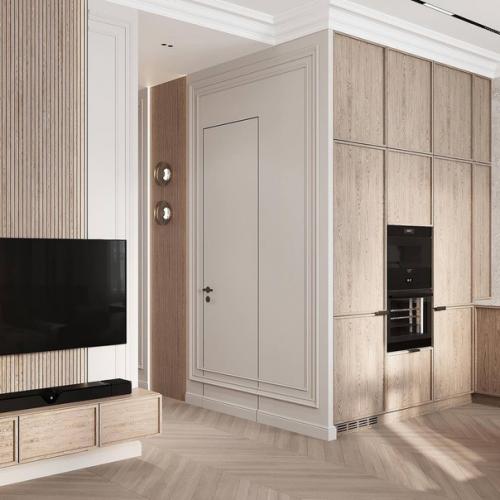 Интерьер кухни - гостиной и прихожей в светлых спокойных тонах. 06