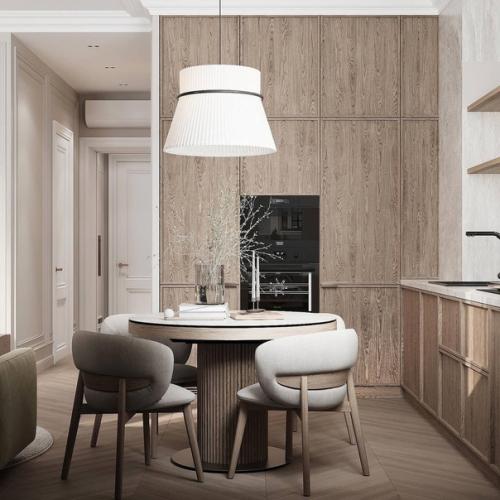 Интерьер кухни - гостиной и прихожей в светлых спокойных тонах. 07