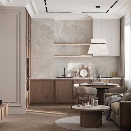 Интерьер кухни - гостиной и прихожей в светлых спокойных тонах. 03