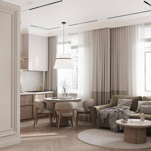 Интерьер кухни - гостиной и прихожей в светлых спокойных тонах. 01