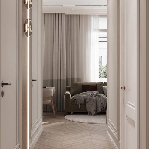 Интерьер кухни - гостиной и прихожей в светлых спокойных тонах. 02