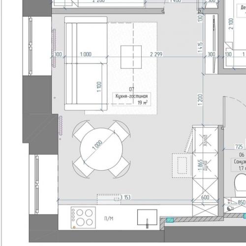 Интерьер кухни - гостиной и прихожей в светлых спокойных тонах. 08