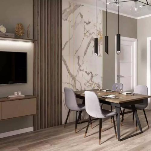 Лаконичное пространство кухни - гостиной площадью 17 кв. 01