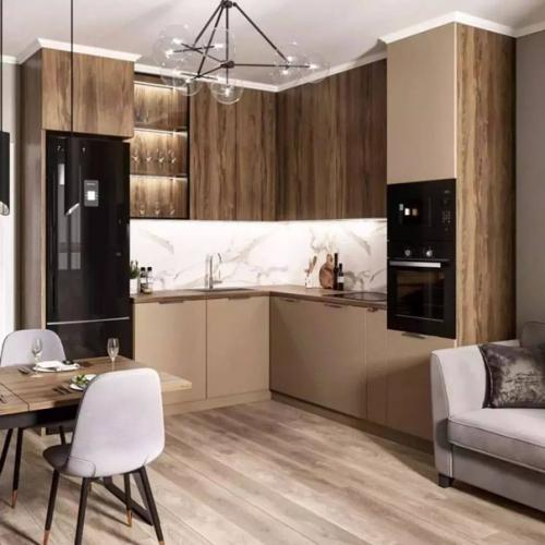 Лаконичное пространство кухни - гостиной площадью 17 кв. 03