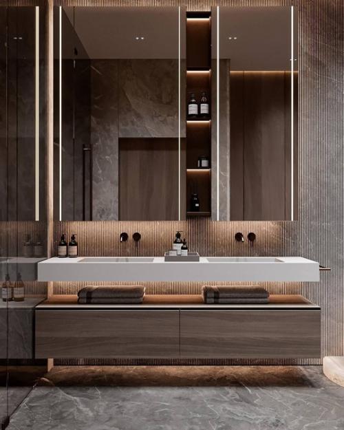 Интерьер ванной комнаты в просторной квартире. 01