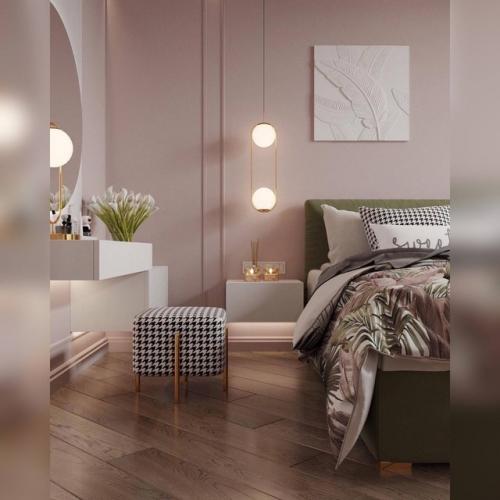 Мягкие пастельные тона, бархатистый зелёный и припыленный розовый, использование геометрии делают дизайн спальни уютным и изысканным. 04