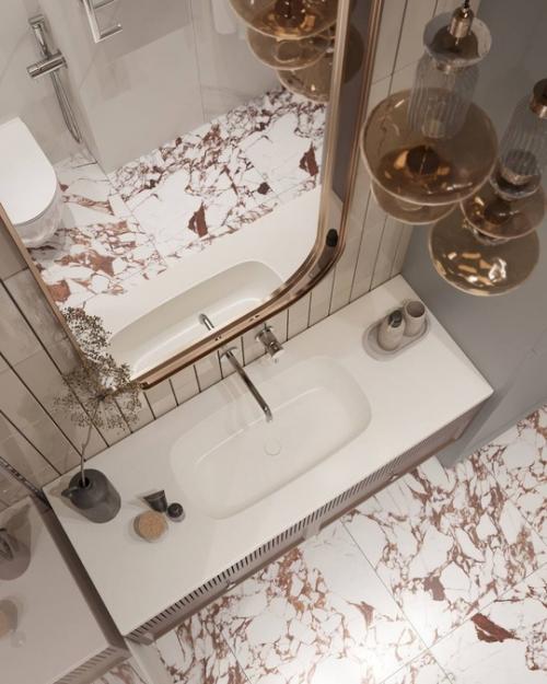 Нежный светлый интерьер ванной комнаты. 01