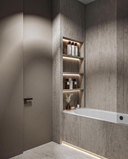 Стильный и просторный интерьер ванной комнаты в светлых тонах в современном стиле. 07