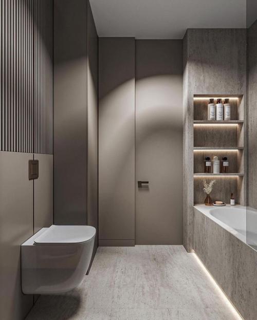 Стильный и просторный интерьер ванной комнаты в светлых тонах в современном стиле. 06