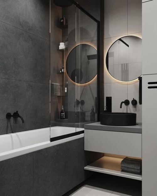 Стильный и контрастный интерьер небольшой ванной комнаты, площадью 4 кв. 01