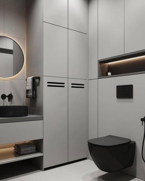 Стильный и контрастный интерьер небольшой ванной комнаты, площадью 4 кв. 04