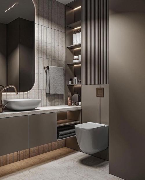 Стильный и просторный интерьер ванной комнаты в светлых тонах в современном стиле. 01