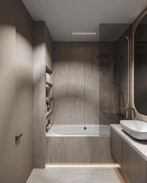 Стильный и просторный интерьер ванной комнаты в светлых тонах в современном стиле. 05