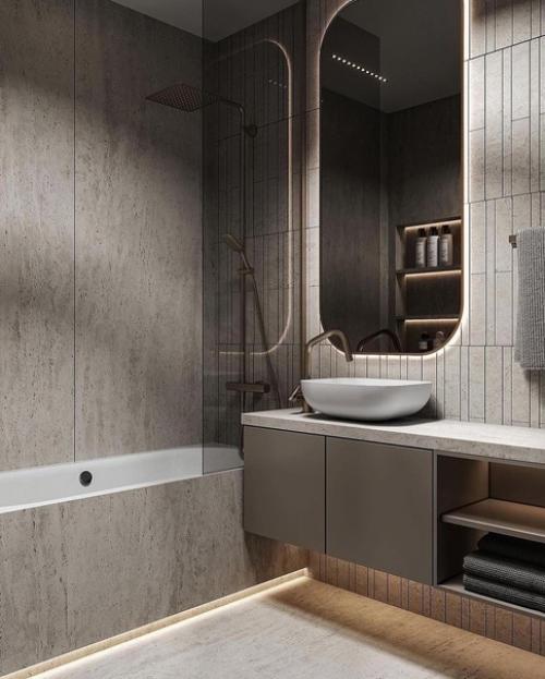 Стильный и просторный интерьер ванной комнаты в светлых тонах в современном стиле. 04