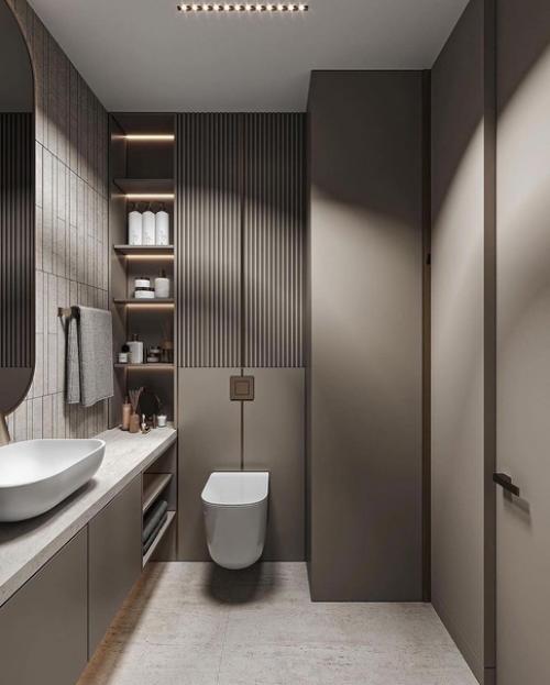 Стильный и просторный интерьер ванной комнаты в светлых тонах в современном стиле. 03