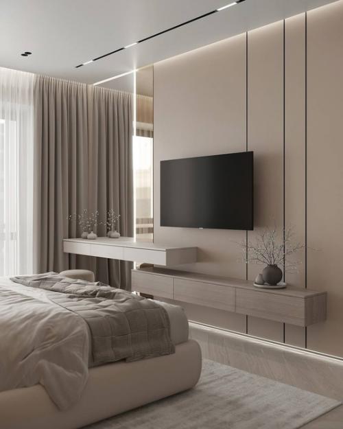 Спокойный и сдержанный интерьер спальни в светлых тонах. 02