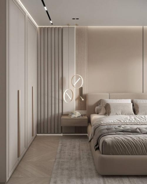 Спокойный и сдержанный интерьер спальни в светлых тонах. 04