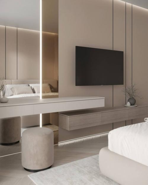 Спокойный и сдержанный интерьер спальни в светлых тонах. 05