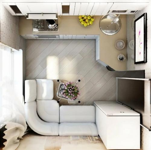 Планировка маленькой кухни с диваном. 01