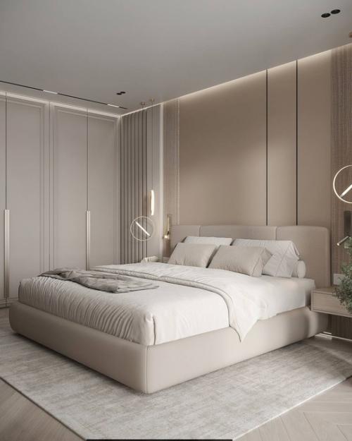 Спокойный и сдержанный интерьер спальни в светлых тонах. 06